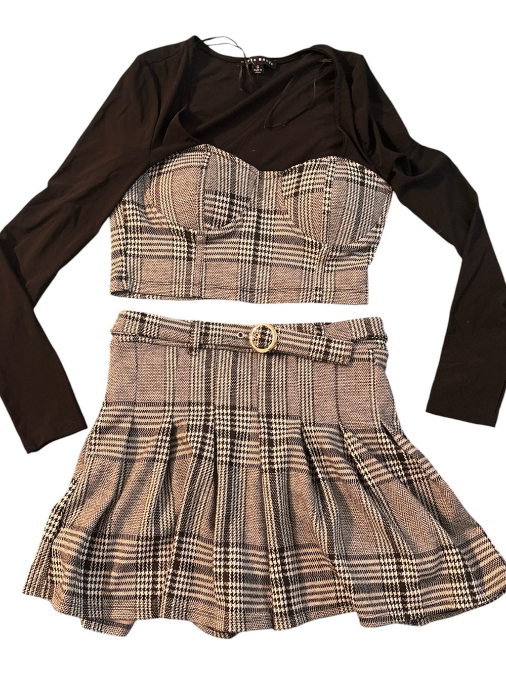 Haute Monde Plaid Bustier & Pleated Mini Skirt Set in Brown and Black 032